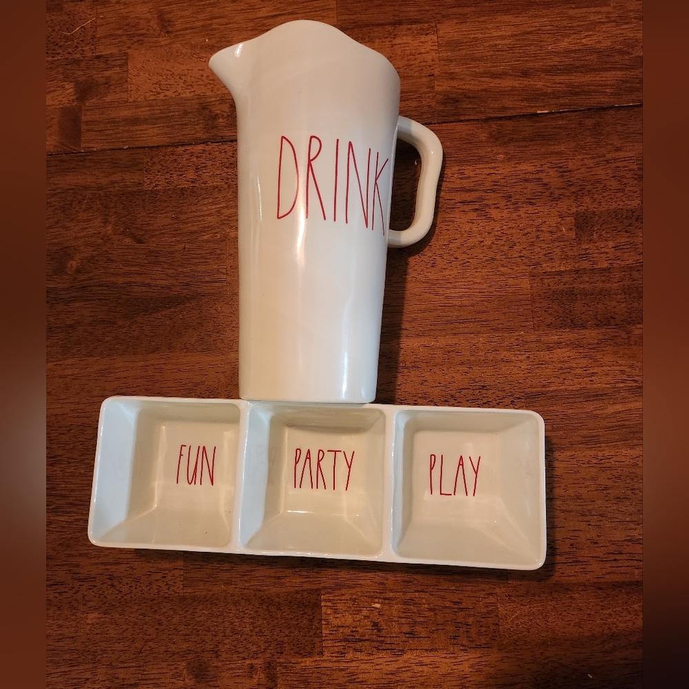 Rae Dunn White and Red Ceramic Pitcher with Tray Set